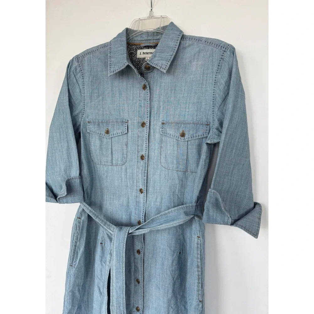 J. Peterman Womens Large Indigo Cotton Chambray Shirt Dress Cowgirl Boho Western - Picture 1 of 14